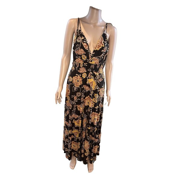 Patrons of Peace Maxi Dress M Brown Floral Boho Tie-Strap Plunge V-Neck Backless - Picture 1 of 14